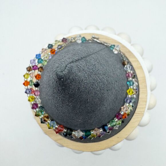 Colorful Rainbow Bicone Crystal Bead Triple Strand Bracelet Sterling Silver - Picture 7 of 8